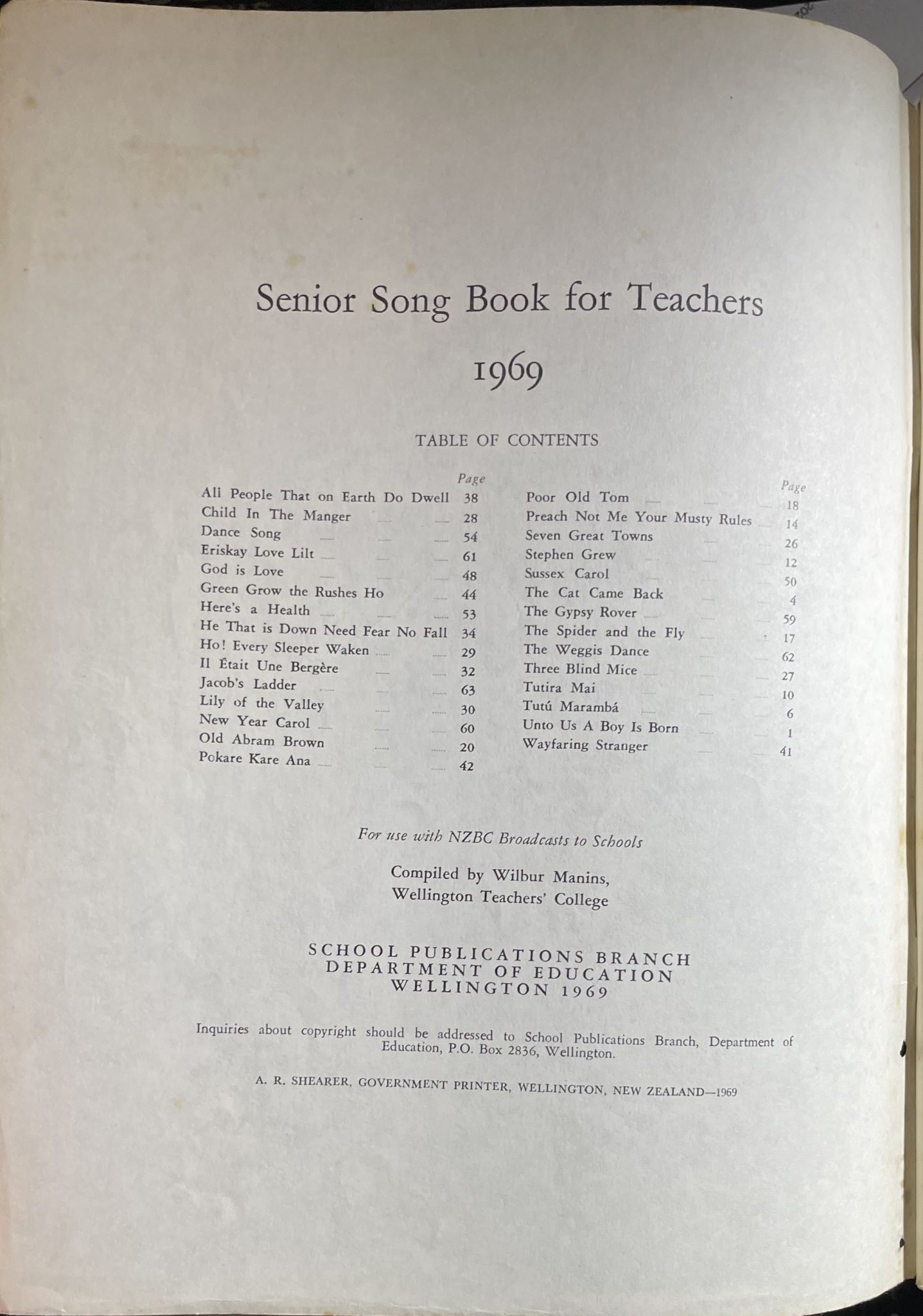 Senior Song Teachers' Book 1969 For use with Broadcast to Schools NZBC